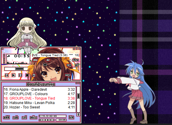 chii sitting on a winamp player with a cute theme, and konata is dancing to the music